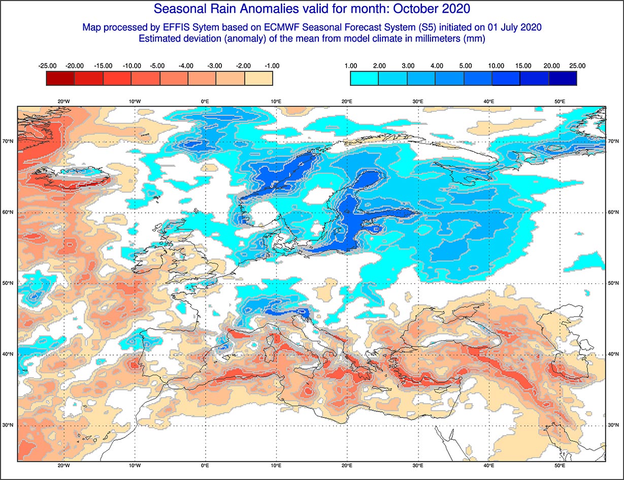 Anomalie di precipitazione previste dal modello ECMWF per ottobre 2020 - effis.jrc.ec.europa.eu