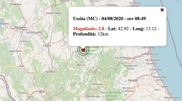 Terremoto nelle Marche oggi, martedì 4 agosto 2020: scossa M 2.8 provincia Macerata. Dati INGV