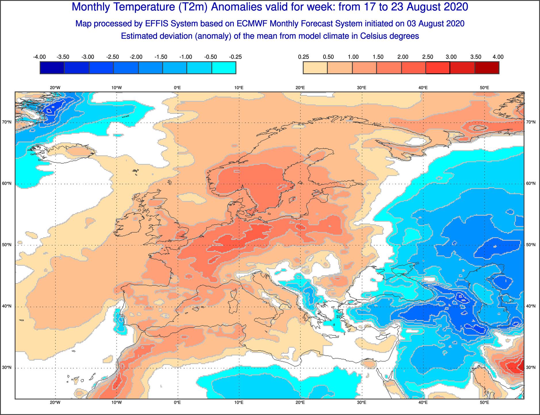 Anomalie di temperatura previste tra il 17 e il 23 agosto - effis.jrc.ec.europa.eu