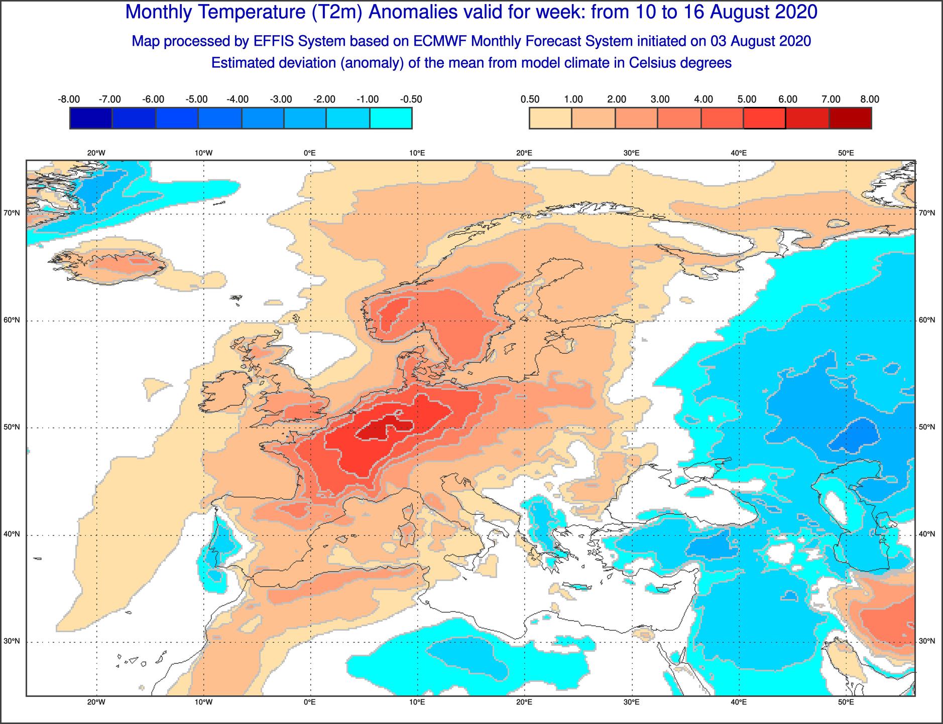 Anomalie di temperature previste tra il 10 e il 16 agosto - effis.jrc.ec.europa.eu