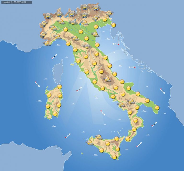 PREVISIONI METEO domani 22 agosto 2020: temporali sulle Alpi, per il resto d’ITALIA gran sole e gran caldo