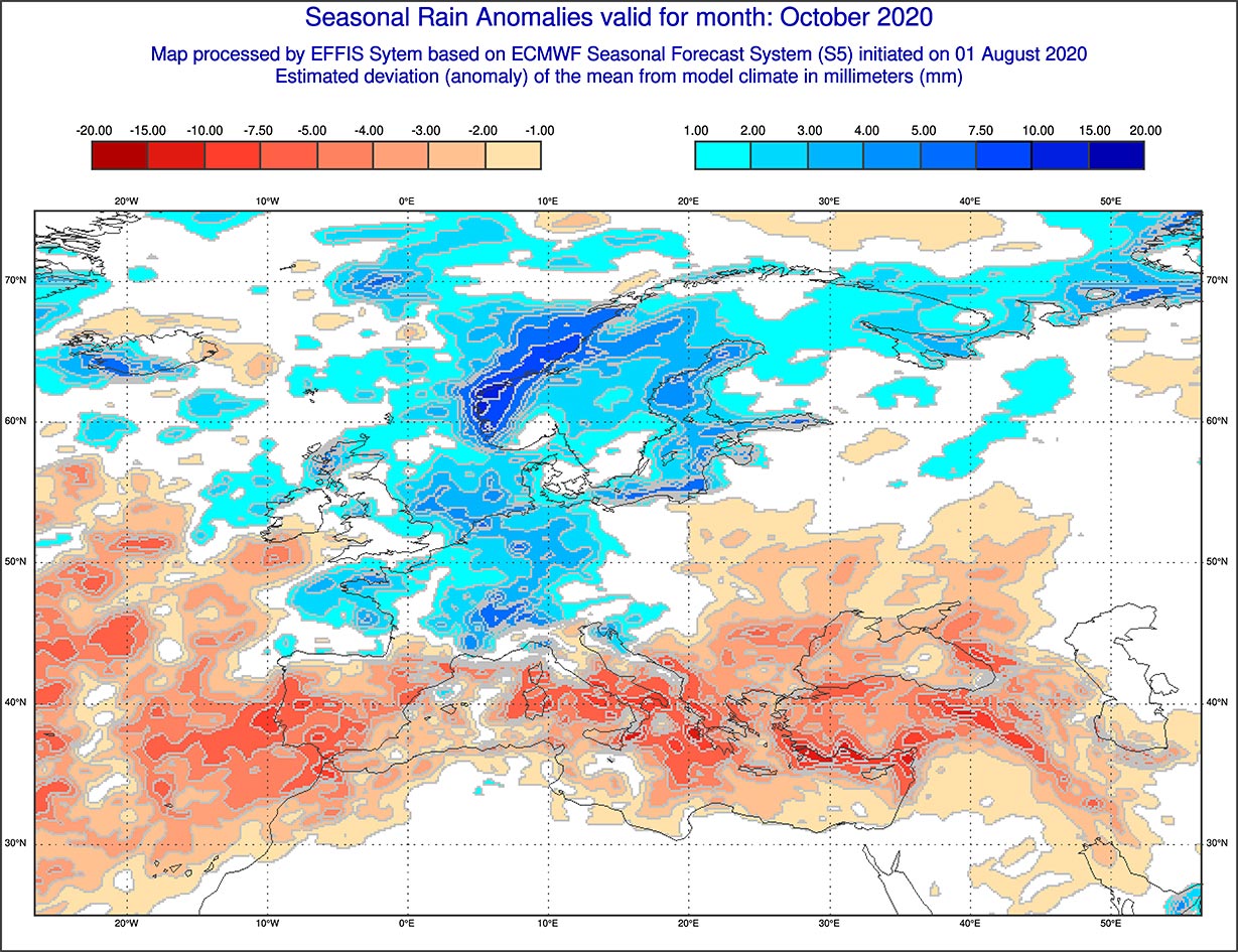 Anomalie di precipitazione previste dal modello ECMWF per ottobre 2020 - effis.jrc.ec.europa.eu Anomalie di precipitazione previste dal modello ECMWF per ottobre 2020 - effis.jrc.ec.europa.eu