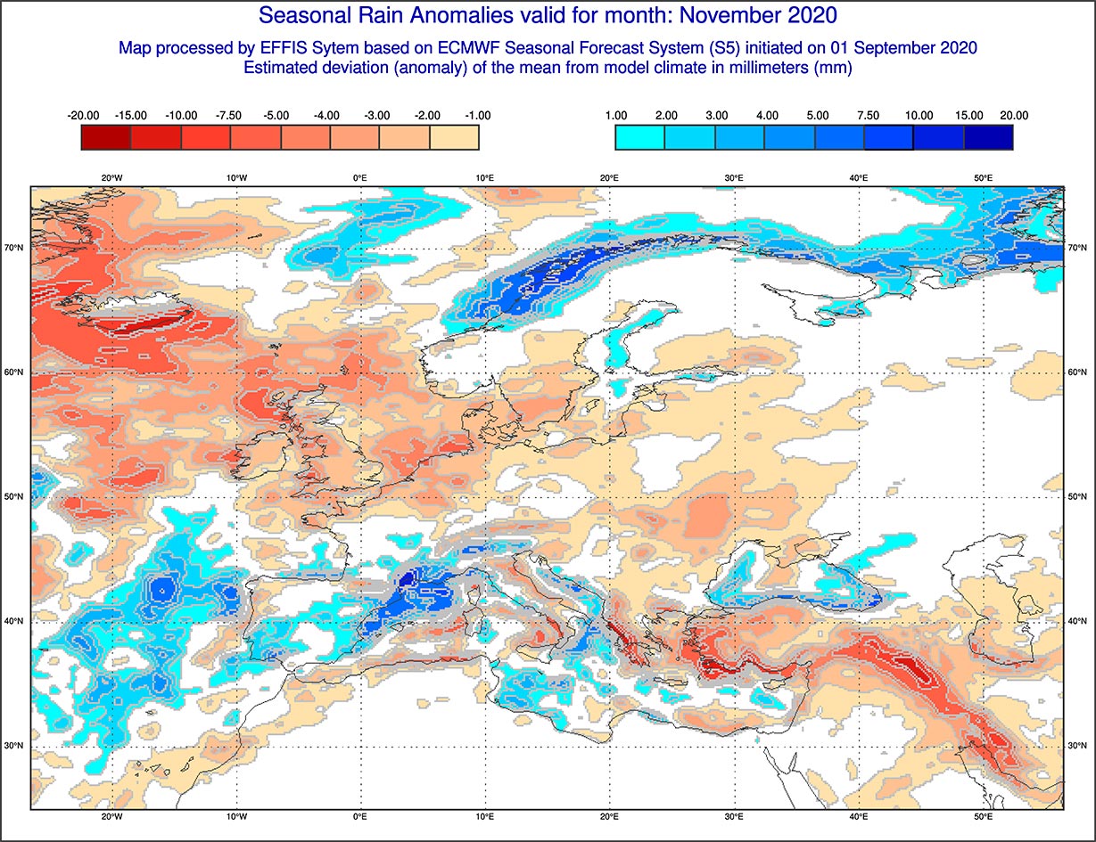 Anomalie di precipitazione previste dal modello ECMWF per novembre 2020 - effis.jrc.ec.europa.eu