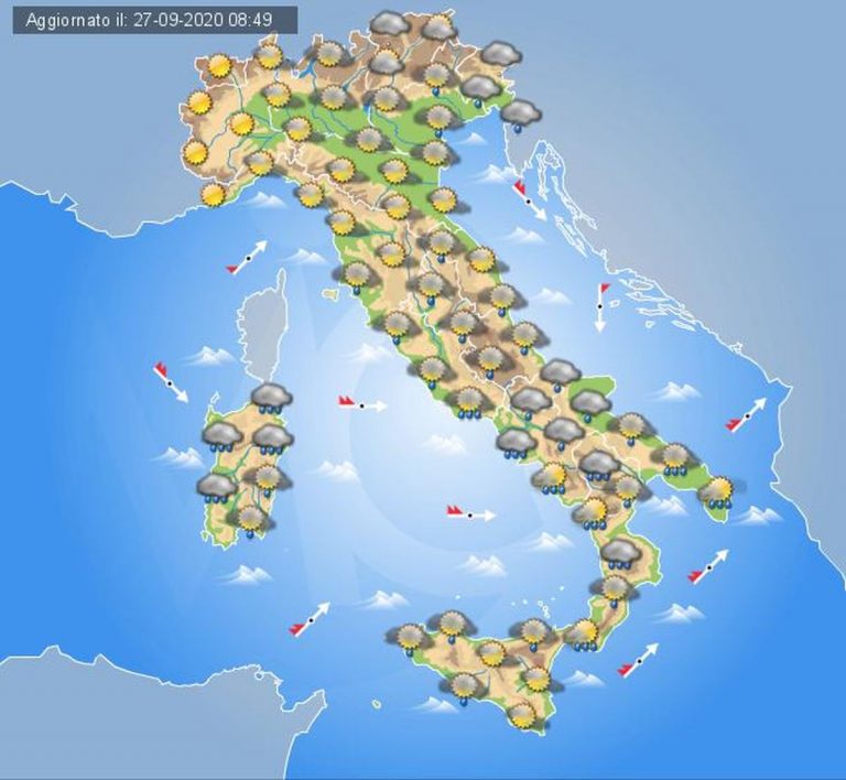 PREVISIONI METEO domani 28 settembre, variabilità PERTURBATA su MOLTE regioni con TEMPORALI sparsi