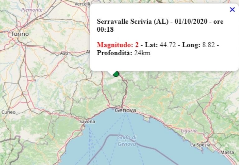 Terremoto in Piemonte oggi, giovedì 1° ottobre 2020: scossa M 2.0 in provincia di Alessandria | Dati INGV Terremoto in Piemonte oggi, giovedì 1° ottobre 2020: scossa M 2.0 in provincia di Alessandria | Dati INGV