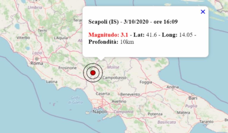 Terremoto oggi 3 ottobre 2020, serie di scosse in provincia di Isernia: la più intensa di magnitudo 3.1 Terremoto oggi 3 ottobre 2020, serie di scosse in provincia di Isernia: la più intensa di magnitudo 3.1