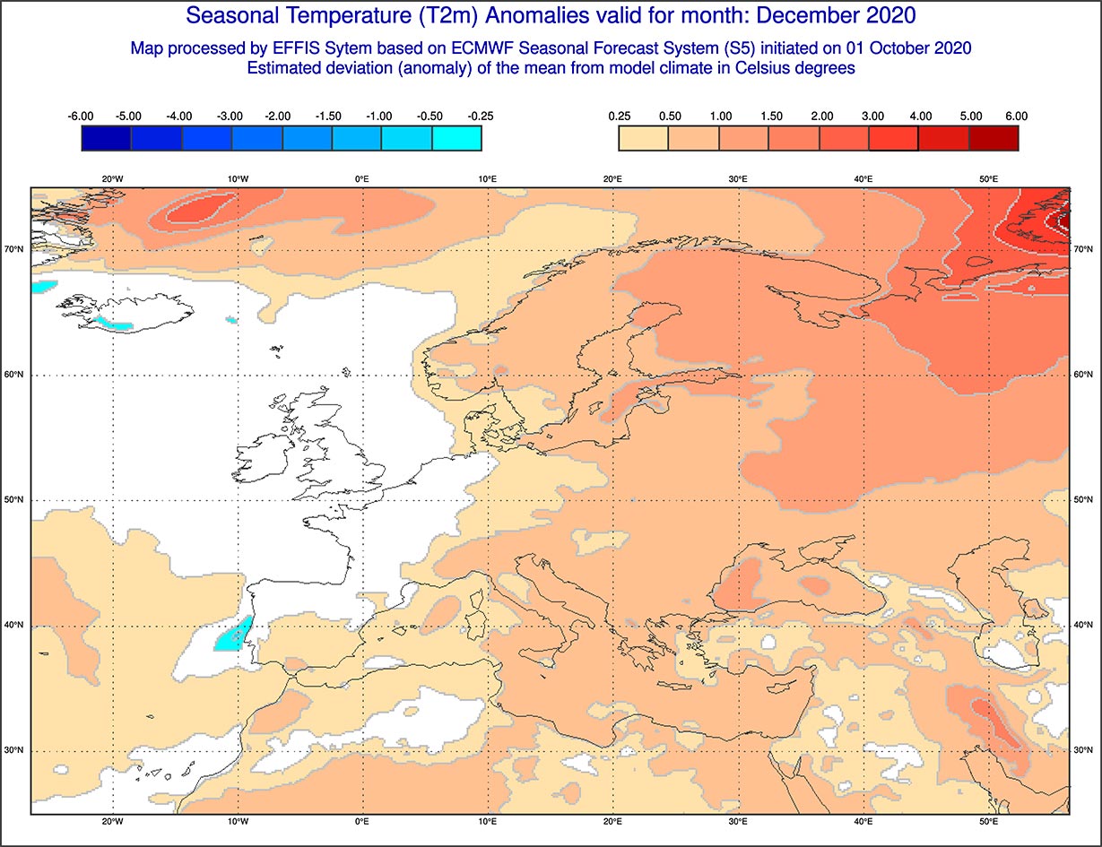 Anomalie di temperatura previste dal modello ECMWF per dicembre 2020 - effis.jrc.ec.europa.eu
