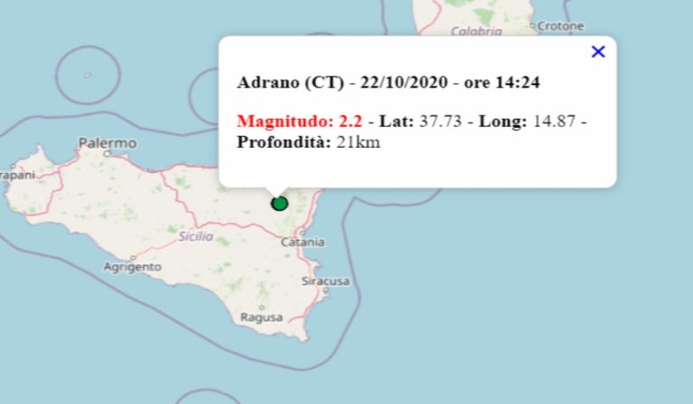 Terremoto oggi in Sicilia, 22 ottobre 2020: scossa M 2.2 in provincia Catania – Dati INGV Terremoto oggi in Sicilia, 22 ottobre 2020: scossa M 2.2 in provincia Catania – Dati INGV
