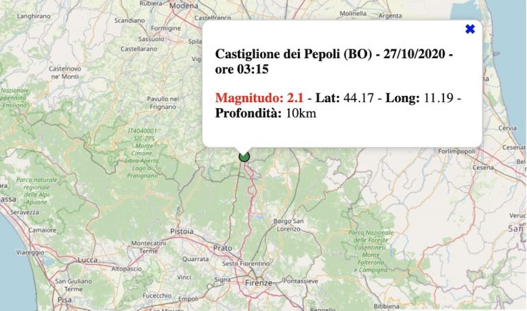 Terremoto in Emilia-Romagna oggi, martedì 27 ottobre 2020: scossa M 2.1 provincia di Bologna | Dati INGV