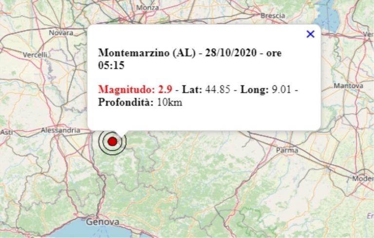 Terremoto in Piemonte oggi, mercoledì 28 ottobre 2020: scossa M 2.9 in provincia di Alessandria | Dati INGV Terremoto in Piemonte oggi, mercoledì 28 ottobre 2020: scossa M 2.9 in provincia di Alessandria | Dati INGV