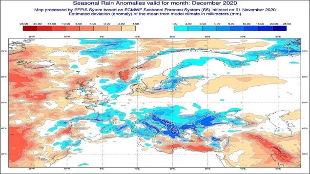 Dicembre 2020 anomalie di precipitazione previste dal modello ECMWF - effis.jrc.ec.europa.eu