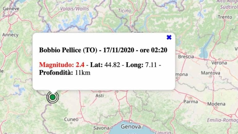 Terremoto in Piemonte oggi, martedì 17 novembre 2020: scossa M 2.4 provincia di Torino – Dati INGV