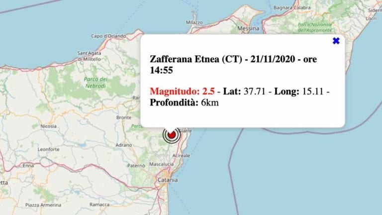 Terremoto in Sicilia oggi, sabato 21 novembre 2020: scossa M 2.5 in provincia di Catania – Dati INGV Terremoto in Sicilia oggi, sabato 21 novembre 2020: scossa M 2.5 in provincia di Catania – Dati INGV