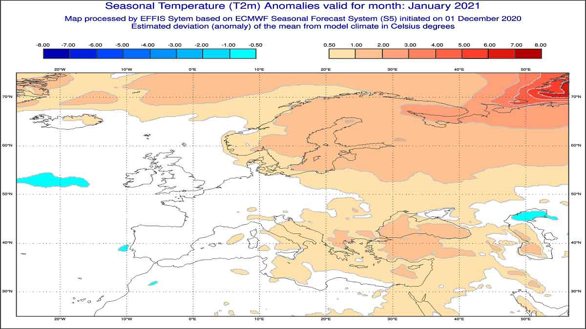 Anomalie di temperature previste dal modello ECMWF per gennaio 2021 - effis.jrc.ec.europa.eu