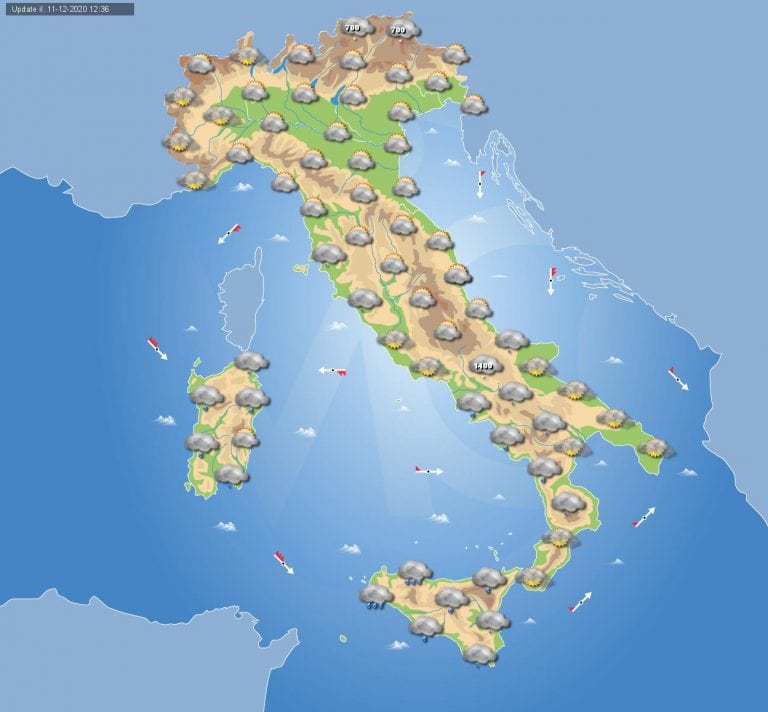 PREVISIONI METEO domani 12 Dicembre 2020: Molte nubi in transito in Italia e piogge associate in queste regioni