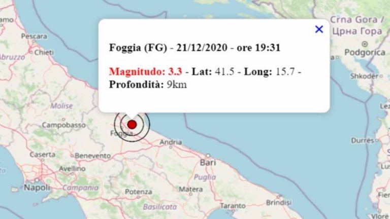 Terremoto oggi in Puglia, 21 dicembre 2020: scossa M 3.3 in provincia di Foggia – Dati INGV Terremoto oggi in Puglia, 21 dicembre 2020: scossa M 3.3 in provincia di Foggia – Dati INGV