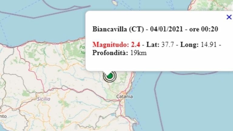 Terremoto in Sicilia oggi, lunedì 4 gennaio 2021: scossa M 2.4 in provincia di Catania | Dati Ingv