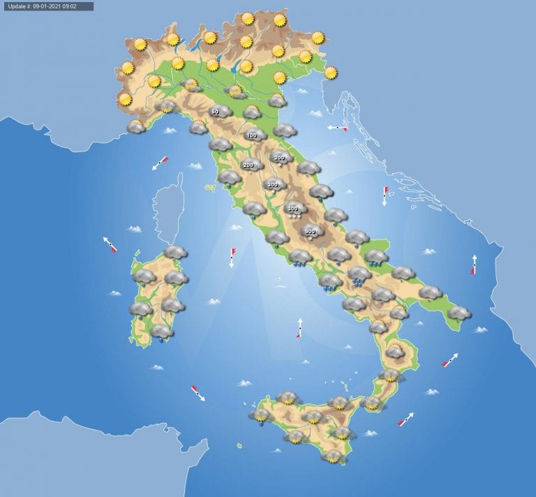 PREVISIONI METEO domani 10 Gennaio 2021: maltempo in ITALIA con NEVE a bassa quota al Centro-Nord