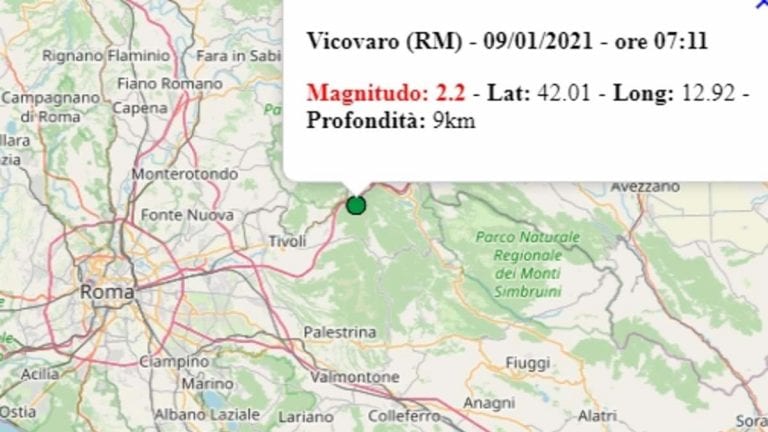 Terremoto nel Lazio oggi, sabato 9 gennaio 2021: scossa M 2.2 in provincia di Roma | Dati INGV