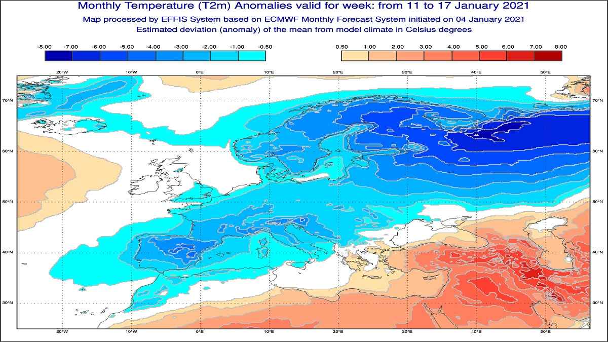 Anomalie di temperatura previste tra l'11 e il 17 gennaio - effis.jrc.ec.europa.eu