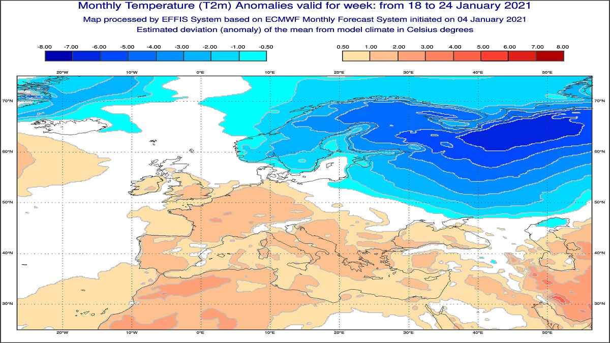 Anomalie di temperatura previste tra il 18 e il 24 gennaio - effis.jrc.ec.europa.eu