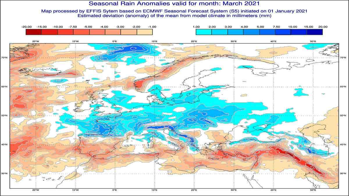 Anomalie di precipitazione per Marzo 2021 secondo il modello ECMWF - effis.jrc.ec.europa.eu