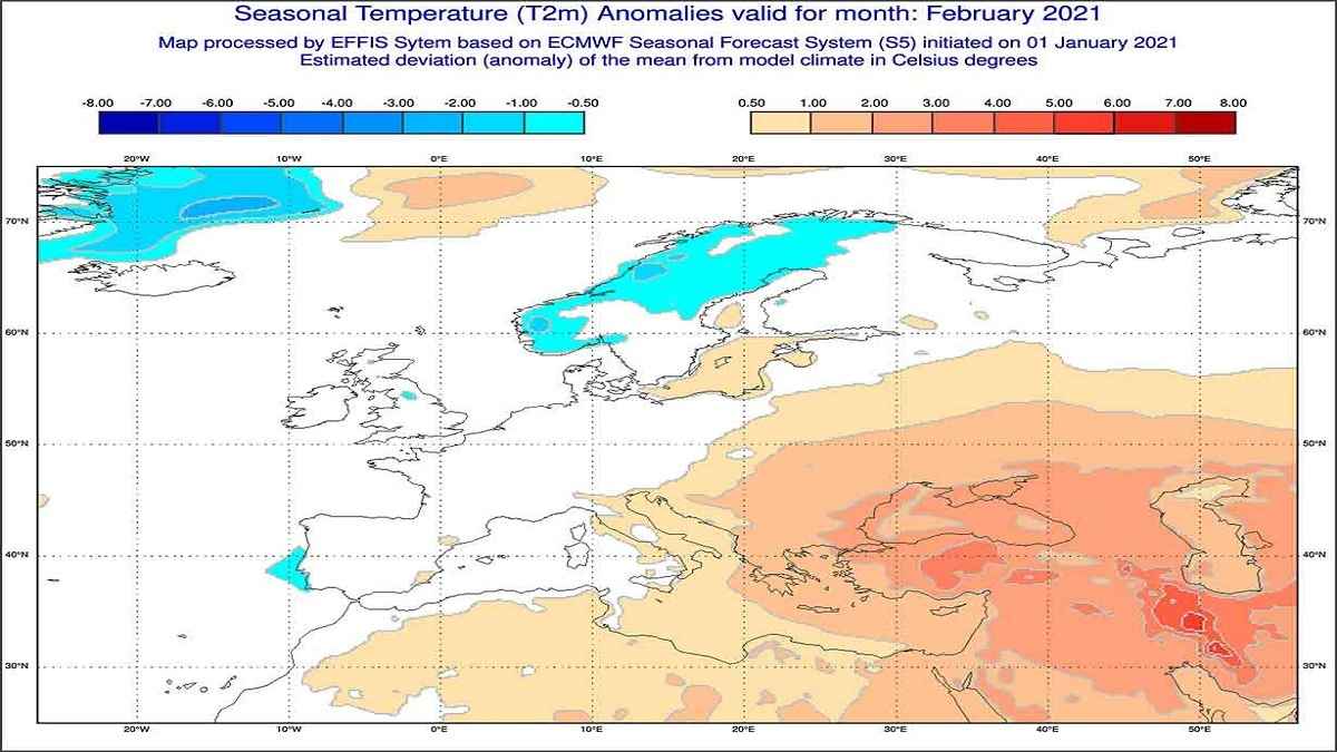 Anomalie di temperature previste dal modello ECMWF per febbraio 2021 - effis.jrc.ec.europa.eu