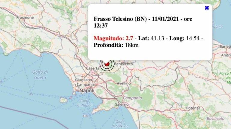 Terremoto in Campania oggi, lunedì 11 gennaio 2021: scossa M 2.7 in provincia di Benevento | Dati INGV