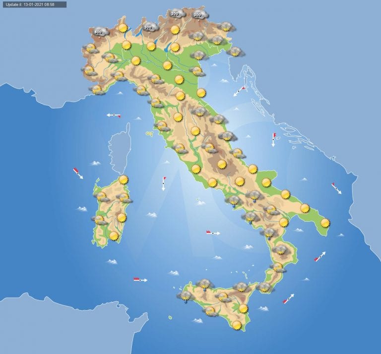 PREVISIONI METEO domani 14 Gennaio 2021: locali disturbo al sud Italia, bel tempo altrove