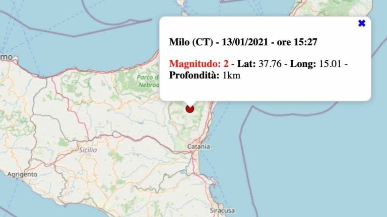 Terremoto in Sicilia oggi, mercoledì 13 gennaio 2021: scossa M 2.0 in provincia di Catania | Dati INGV