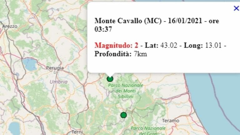 Terremoto nelle Marche oggi, 16 gennaio 2021: scossa M 2.0 in provincia di Macerata – Dati INGV