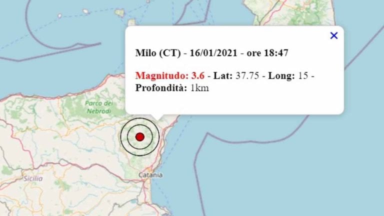 Terremoto oggi in Sicilia, 16 gennaio 2021: scossa M 3.4 in provincia di Catania – Dati INGV