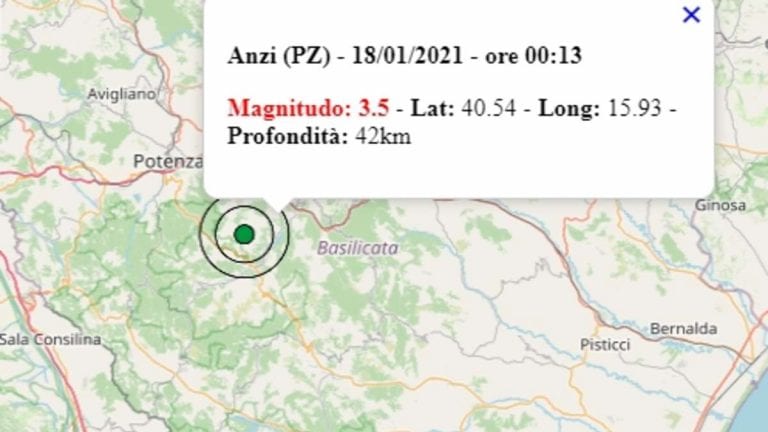 Terremoto in Basilicata oggi, 18 gennaio 2021, scossa M 3.5 in provincia di Potenza – Dati Ingv