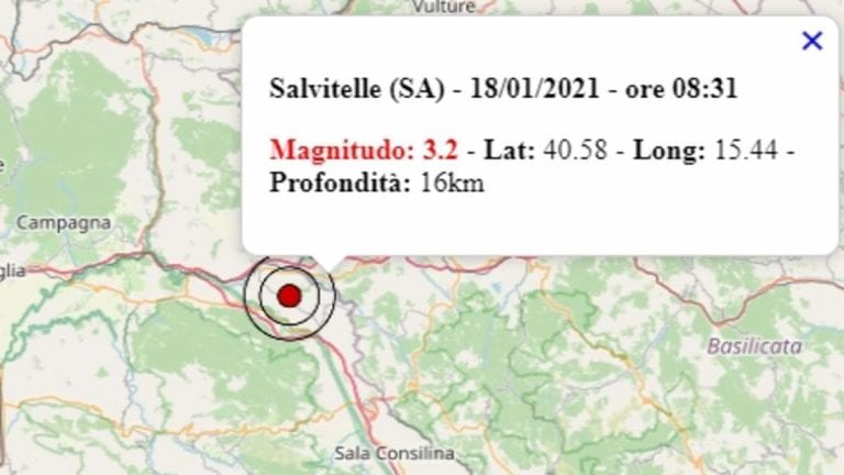 Terremoto in Campania oggi, lunedì 18 gennaio 2021: scossa M 3.2 in provincia di Salerno | Dati INGV
