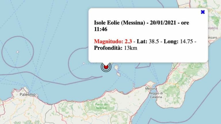Terremoto in Sicilia oggi, mercoledì 20 gennaio 2021: scossa M 2.3 Isole Eolie | Dati INGV