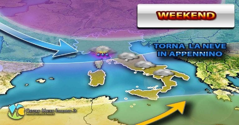 METEO – WEEKEND fortemente perturbato in ITALIA con PIOGGIA, NEVE e VENTI burrascosi