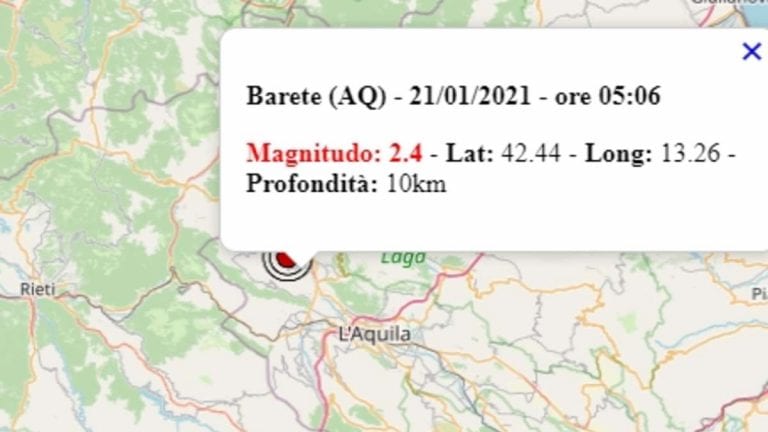 Terremoto in Abruzzo oggi, giovedì 21 gennaio 2021, scossa di M 2.4 provincia di L’Aquila | Dati Ingv 