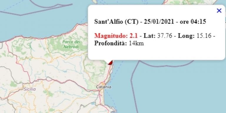 Terremoto in Sicilia oggi, lunedì 25 gennaio 2021, scossa M 2.1 provincia di Catania – Dati Ingv