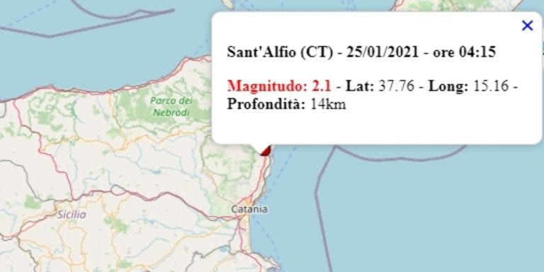 Terremoto in Sicilia oggi, lunedì 25 gennaio 2021, scossa M 2.1 provincia di Catania – Dati Ingv Terremoto in Sicilia oggi, lunedì 25 gennaio 2021, scossa M 2.1 provincia di Catania – Dati Ingv