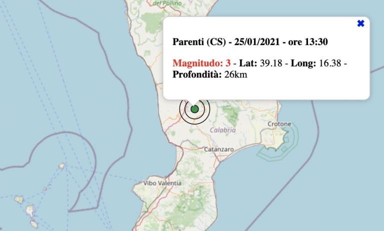 Terremoto in Calabria oggi, lunedì 25 gennaio 2021: scossa M 3.0 in provincia di Cosenza | Dati INGV