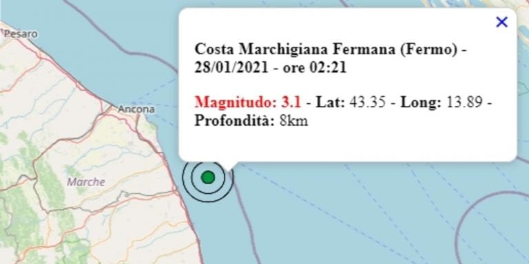 Terremoto nelle Marche oggi, giovedì 28 gennaio 2021, scossa M 3.1 sulla Costa marchigiana fermana | Dati Ingv