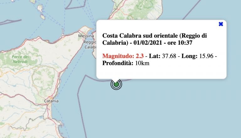 Terremoto in Calabria oggi, lunedì 1° febbraio 2021: scossa M 2.3 al largo della Costa Calabra | Dati INGV
