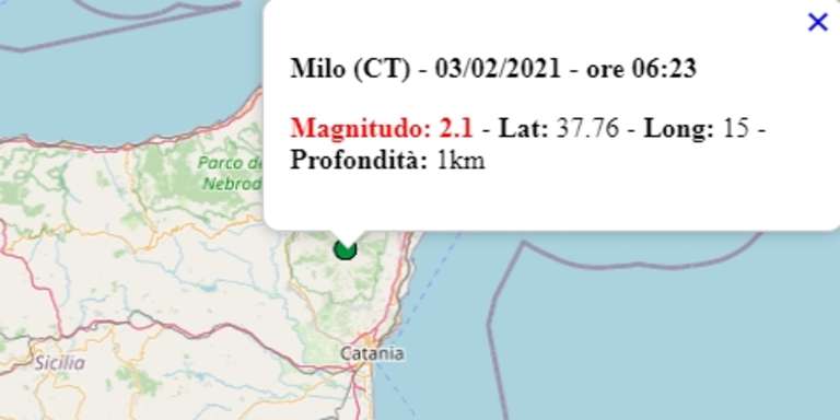 Terremoto in Sicilia oggi, mercoledì 3 febbraio 2021: scossa M 2.1 in provincia di Catania – Dati ufficiali INGV