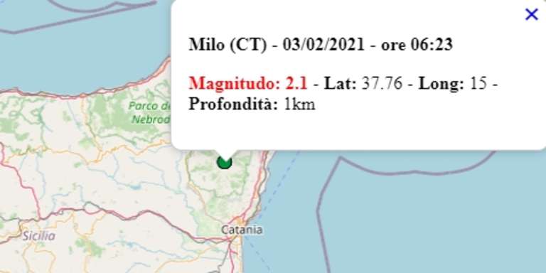 Terremoto in Sicilia oggi, mercoledì 3 febbraio 2021: scossa M 2.1 in provincia di Catania – Dati ufficiali INGV Terremoto in Sicilia oggi, mercoledì 3 febbraio 2021: scossa M 2.1 in provincia di Catania – Dati ufficiali INGV