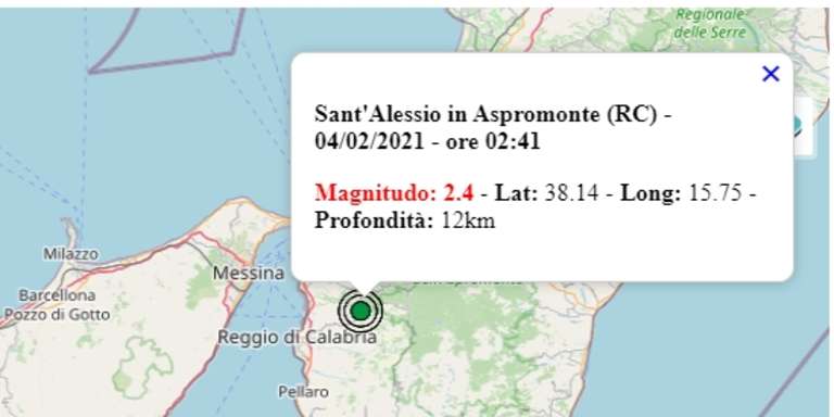 Terremoto in Calabria oggi, giovedì 4 febbraio 2021, scossa M 2.4 provincia Reggio Calabria | Dati Ingv