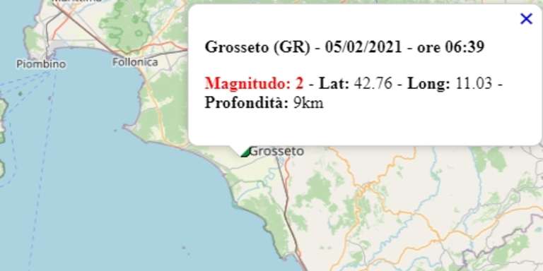 Terremoto in Toscana oggi, venerdì 5 febbraio 2021, scossa M 2.0 a Grosseto | Dati Ingv