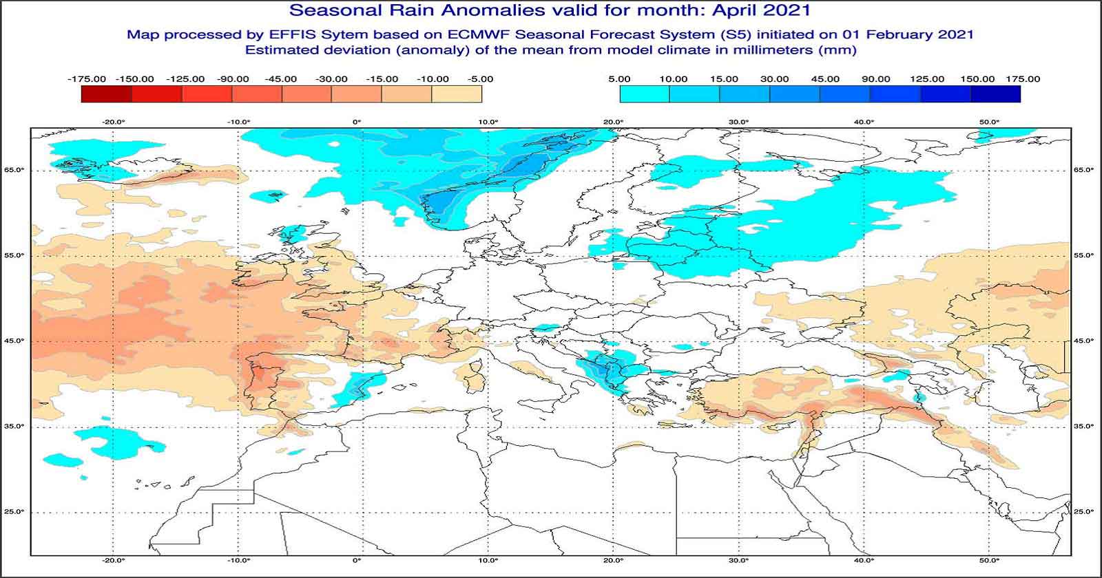 Anomalie di precipitazione per Aprile 2021 secondo il modello ECMWF - effis.jrc.ec.europa.eu