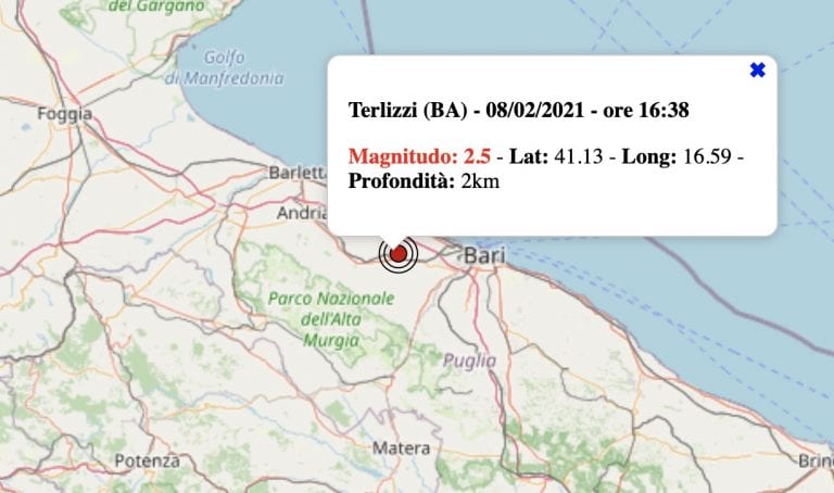 Terremoto in Puglia oggi, lunedì 8 febbraio 2021: scossa M 2.5 in provincia di Bari | Dati ufficiali INGV Terremoto in Puglia oggi, lunedì 8 febbraio 2021: scossa M 2.5 in provincia di Bari | Dati ufficiali INGV