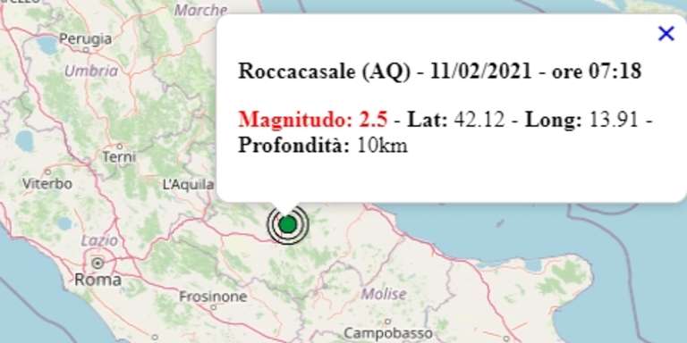 Terremoto in Abruzzo oggi, giovedì 11 febbraio 2021, scossa M 2.5 in provincia dell’Aquila – Dati Ingv Terremoto in Abruzzo oggi, giovedì 11 febbraio 2021, scossa M 2.5 in provincia dell’Aquila – Dati Ingv