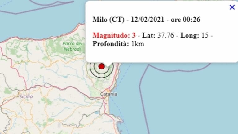 Terremoto in Sicilia oggi, venerdì 12 febbraio 2021: scossa M 3.0 provincia di Catania | Dati INGV